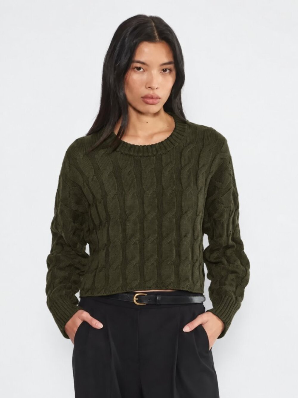 Aritzia Babaton Glory Merino Wool  Sweater Oversized Cable Knit Cropped Green XS